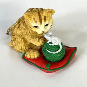 Cute Tabby Cat With Yarn And‎ Mouse Christmas Ornament